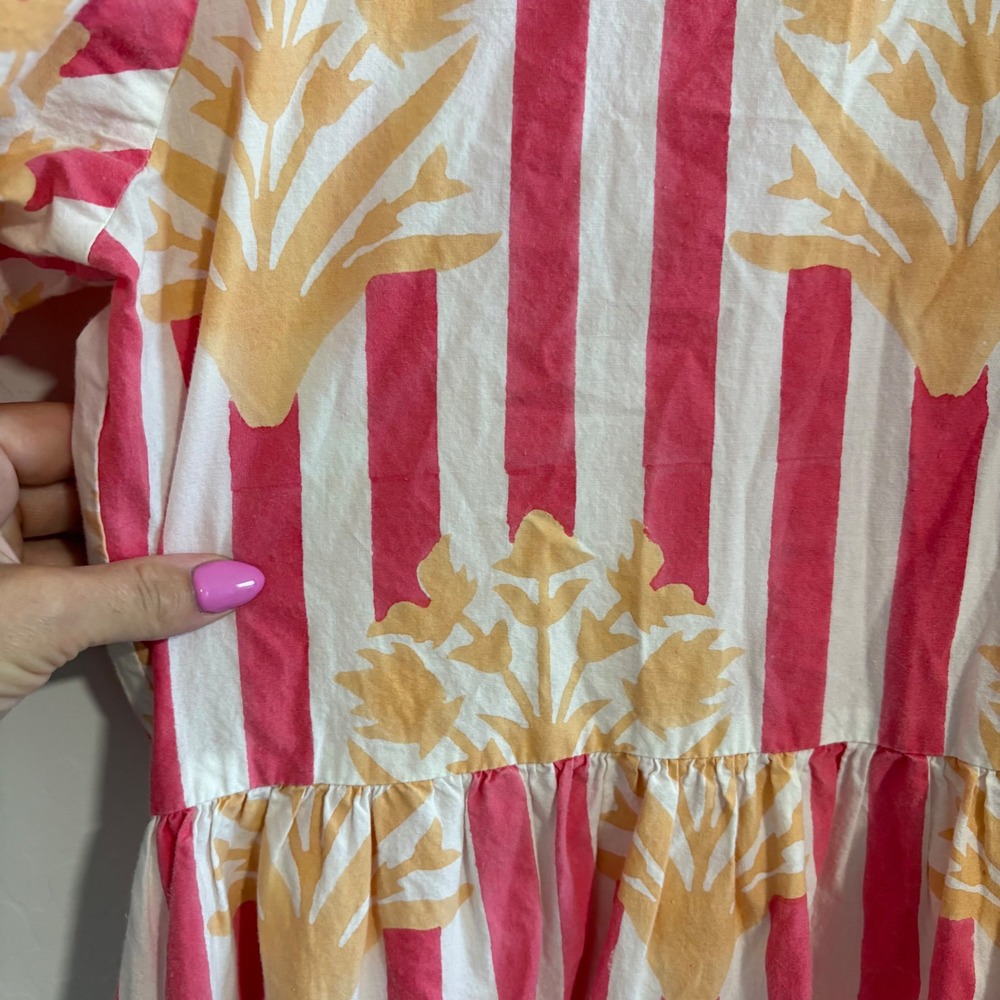 SZ Blockprints Gaia Tiered‎ Midi Dress Pink White Striped Floral Cotton Medium - Picture 4 of 9